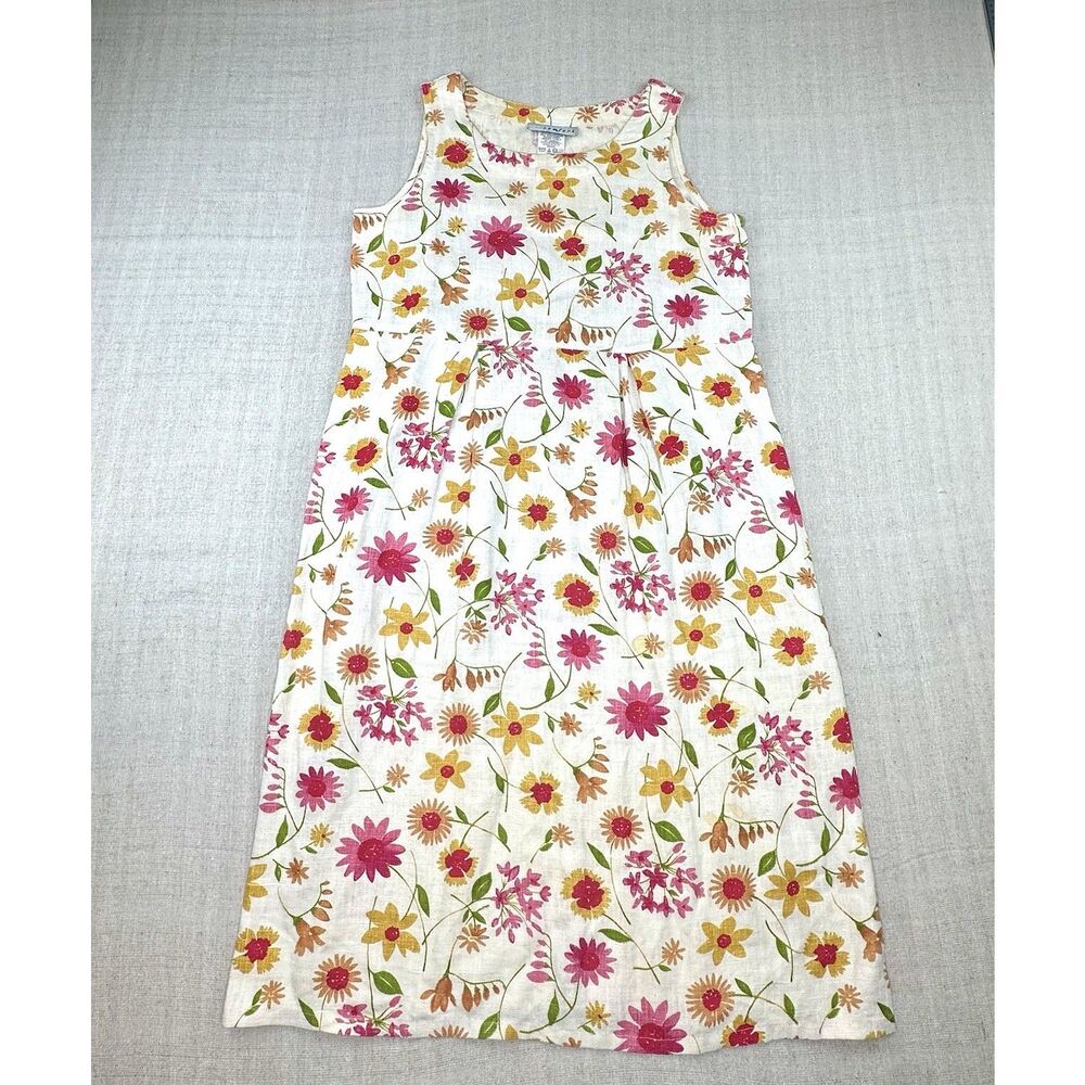 Vintage Real Comfort Linen Blend Floral Midi Dress Sleeveless A-Line Women’s 6